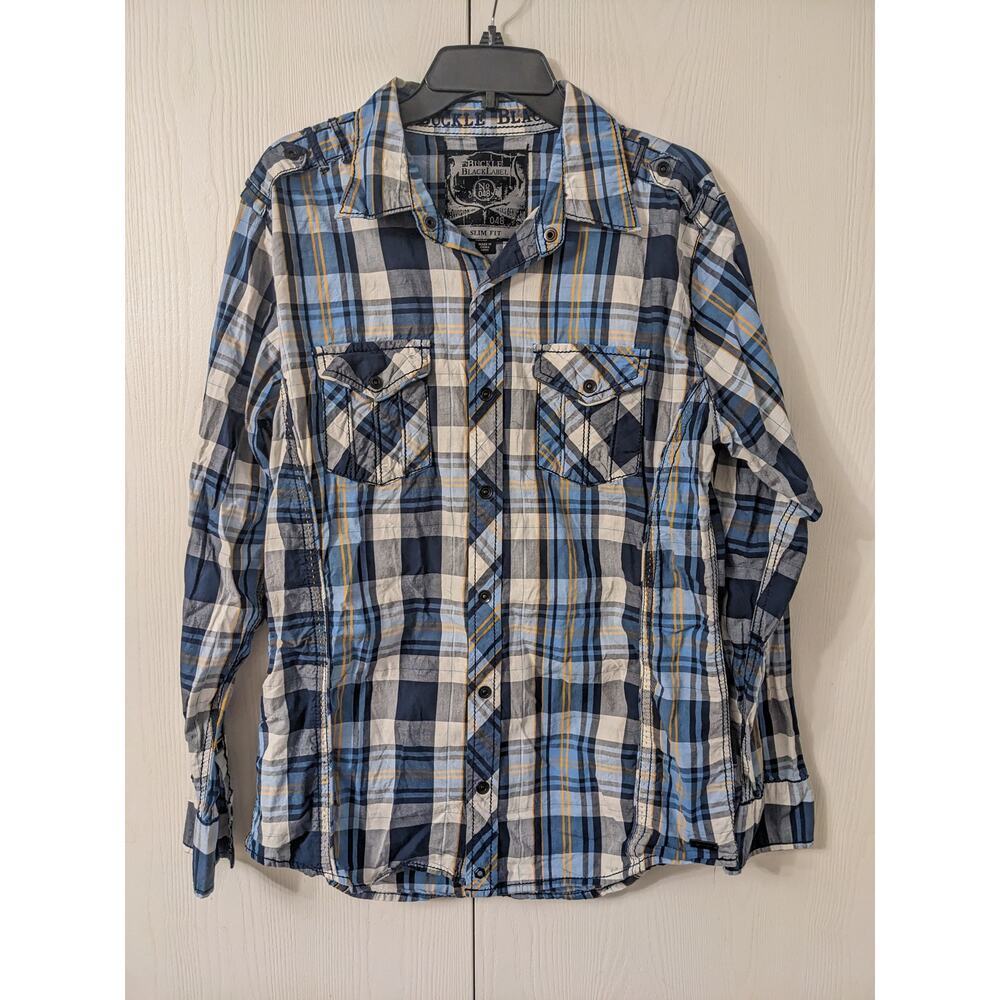 Buckle Black Label Men's Long Sleeve blue Yellow Plaid Button Down Top Size L